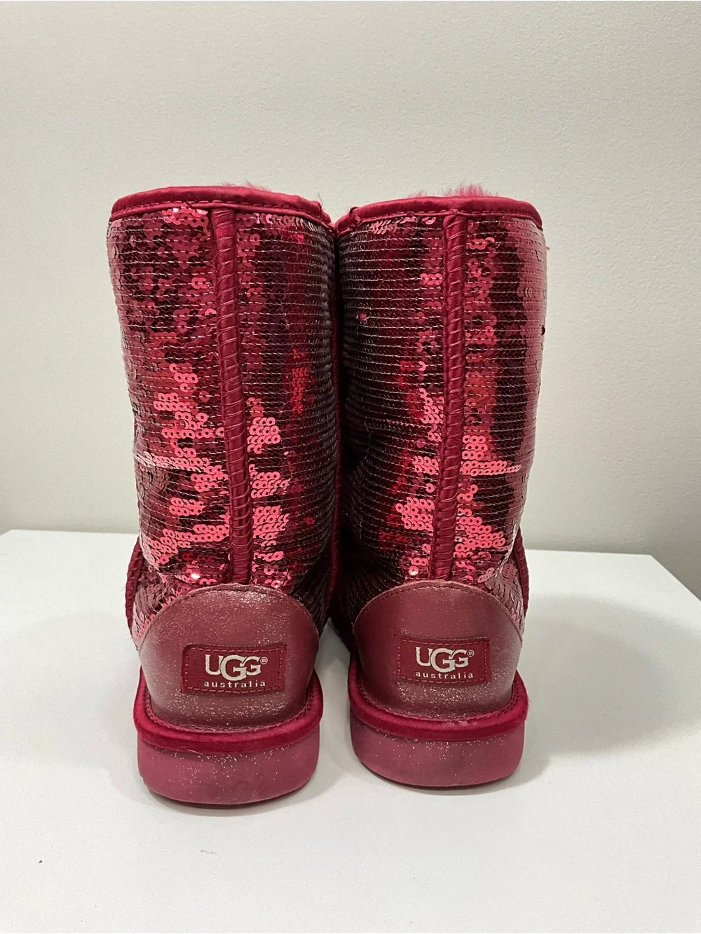 UGG Classic Short Sparkle Sequin Boots Rose Red Sheepskin Winter Booties Women 8